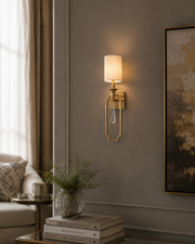 Coral Tree Modern Brass Wall Light with White Linen Lamp Shade & Crystal Drop | Decorative Metal Wall Sconce with E-27 Holder | Luxury Bedside & Living Room Wall Lamp | 65 CM Height