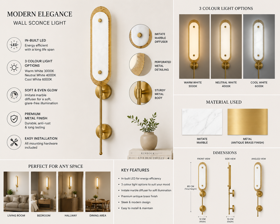 Modern Luxury Wall Light with Imitate Marble Diffuser & Metal Mesh Frame | In-Built 3 Colour LED Wall Sconce | Antique Brass Finish Decorative Wall Lamp for Bedroom, Living Room & Hallway | 85 x 12 x 10 CM