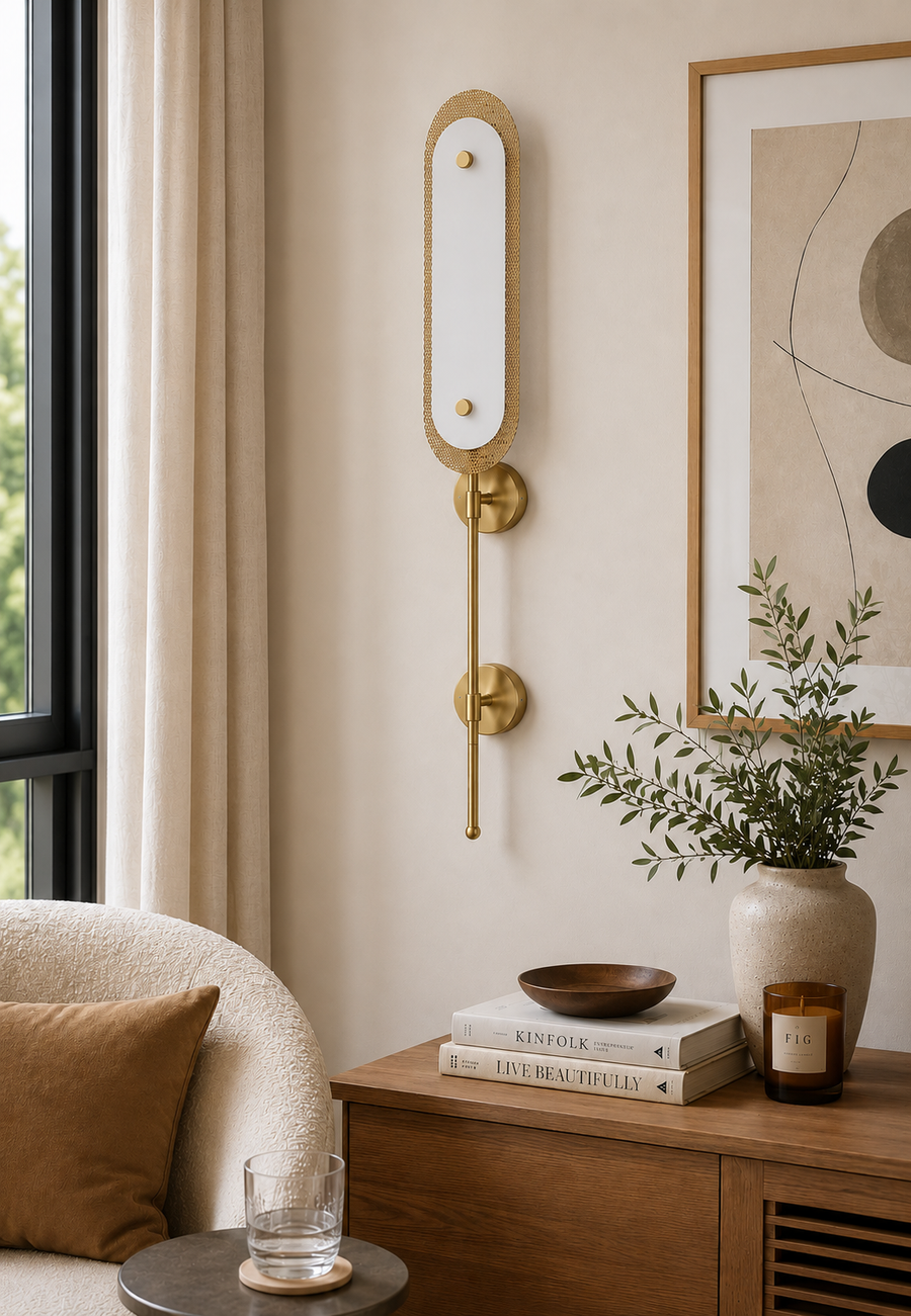 Modern Luxury Wall Light with Imitate Marble Diffuser & Metal Mesh Frame | In-Built 3 Colour LED Wall Sconce | Antique Brass Finish Decorative Wall Lamp for Bedroom, Living Room & Hallway | 85 x 12 x 10 CM