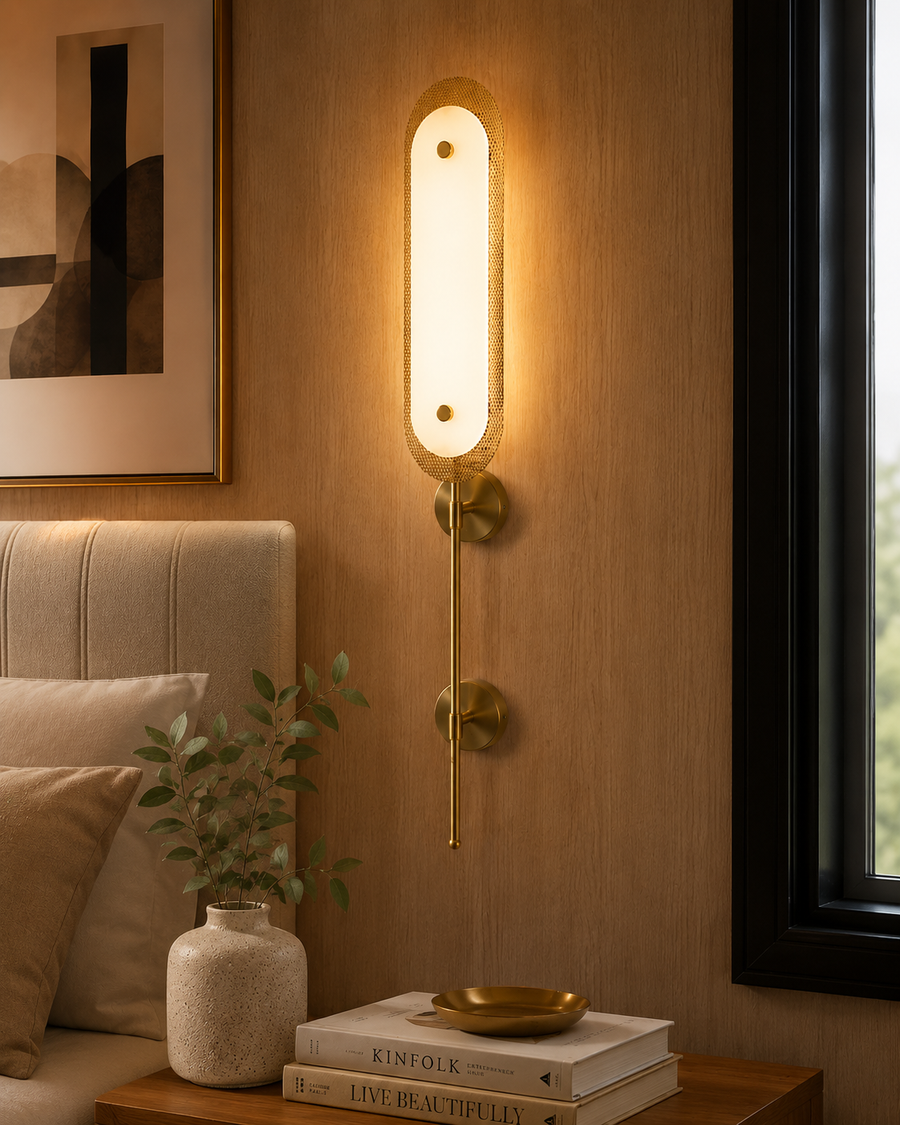 Modern Luxury Wall Light with Imitate Marble Diffuser & Metal Mesh Frame | In-Built 3 Colour LED Wall Sconce | Antique Brass Finish Decorative Wall Lamp for Bedroom, Living Room & Hallway | 85 x 12 x 10 CM
