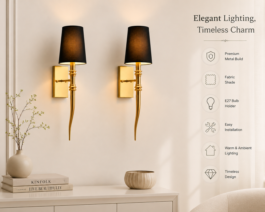 Modern Gold Wall Light with Black Fabric Shade for Living Room & Bedroom | Premium Metal Body | E27 Bulb Holder | Decorative Luxury Wall Lamp | 75 x 15 x 10 CM