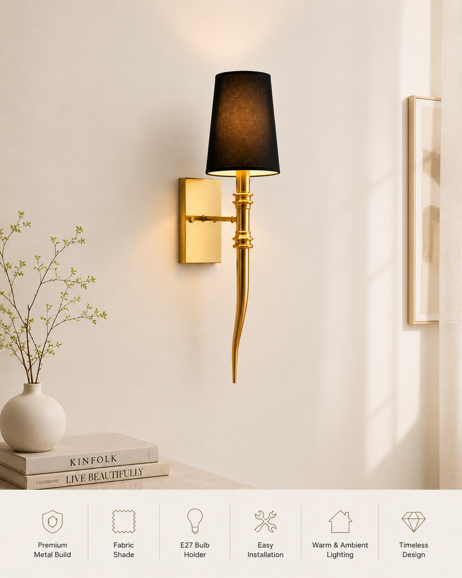 Modern Gold Wall Light with Black Fabric Shade for Living Room & Bedroom | Premium Metal Body | E27 Bulb Holder | Decorative Luxury Wall Lamp | 75 x 15 x 10 CM