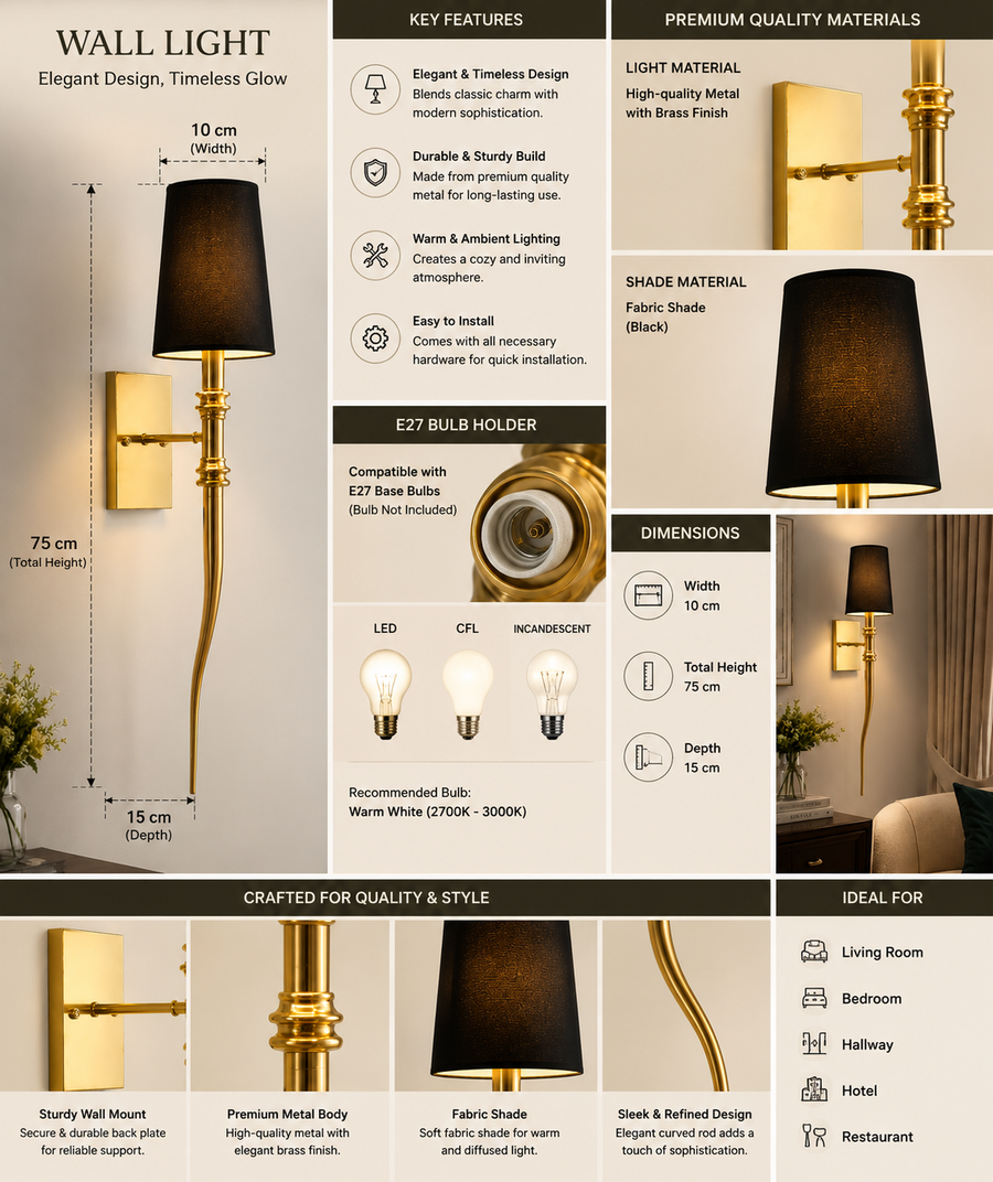 Modern Gold Wall Light with Black Fabric Shade for Living Room & Bedroom | Premium Metal Body | E27 Bulb Holder | Decorative Luxury Wall Lamp | 75 x 15 x 10 CM