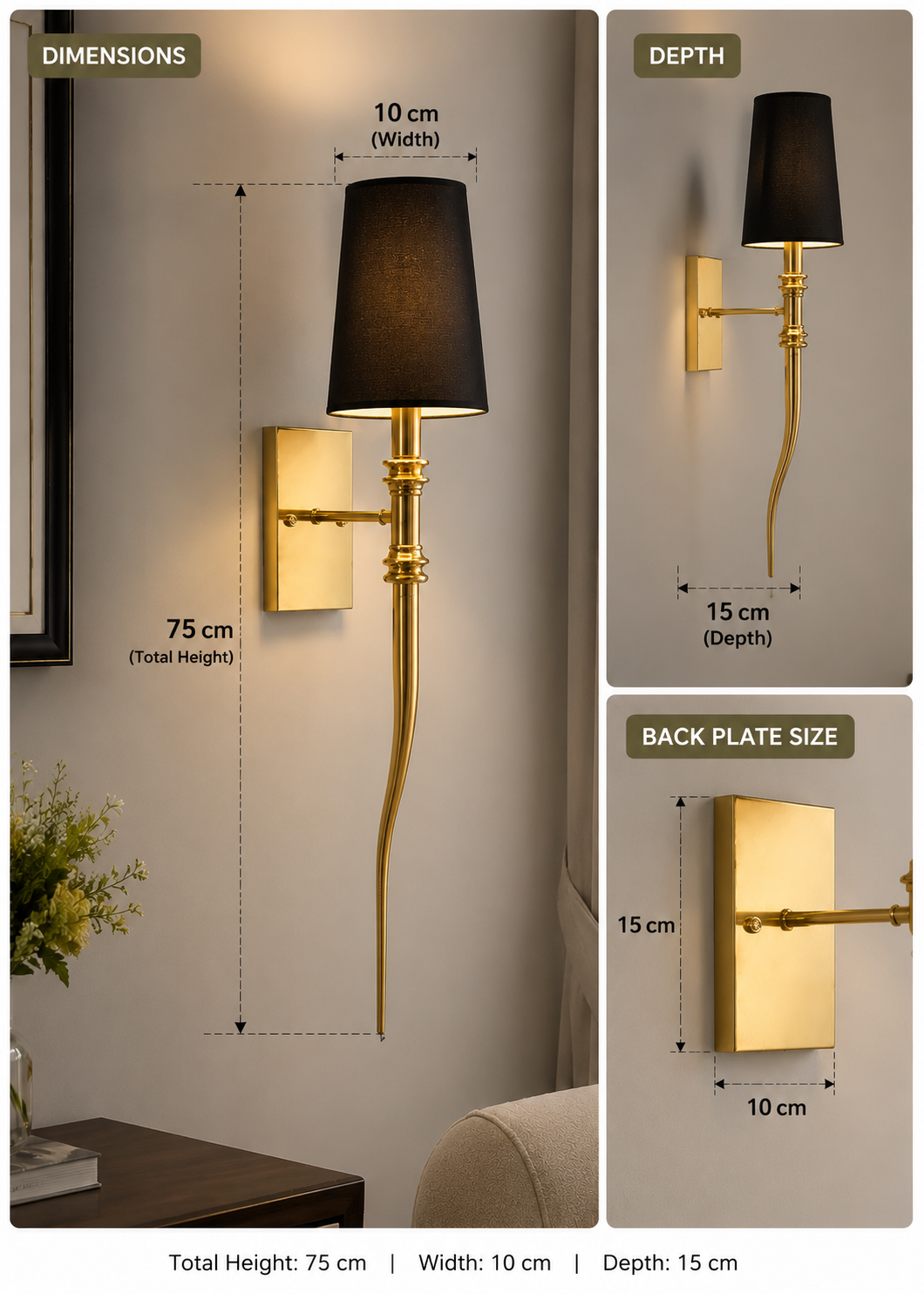 Modern Gold Wall Light with Black Fabric Shade for Living Room & Bedroom | Premium Metal Body | E27 Bulb Holder | Decorative Luxury Wall Lamp | 75 x 15 x 10 CM