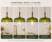Vintage Green Glass Pendant Light with Wooden Holder & E-27 Bulb Socket | Adjustable Hanging Ceiling Light for Dining Room, Kitchen & Café