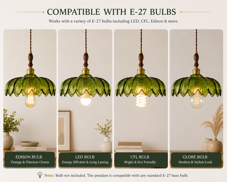 Vintage Green Glass Pendant Light with Wooden Holder & E-27 Bulb Socket | Adjustable Hanging Ceiling Light for Dining Room, Kitchen & Café
