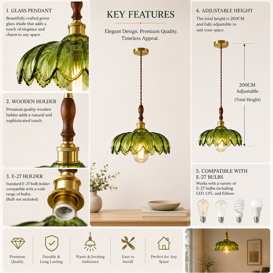 Vintage Green Glass Pendant Light with Wooden Holder & E-27 Bulb
