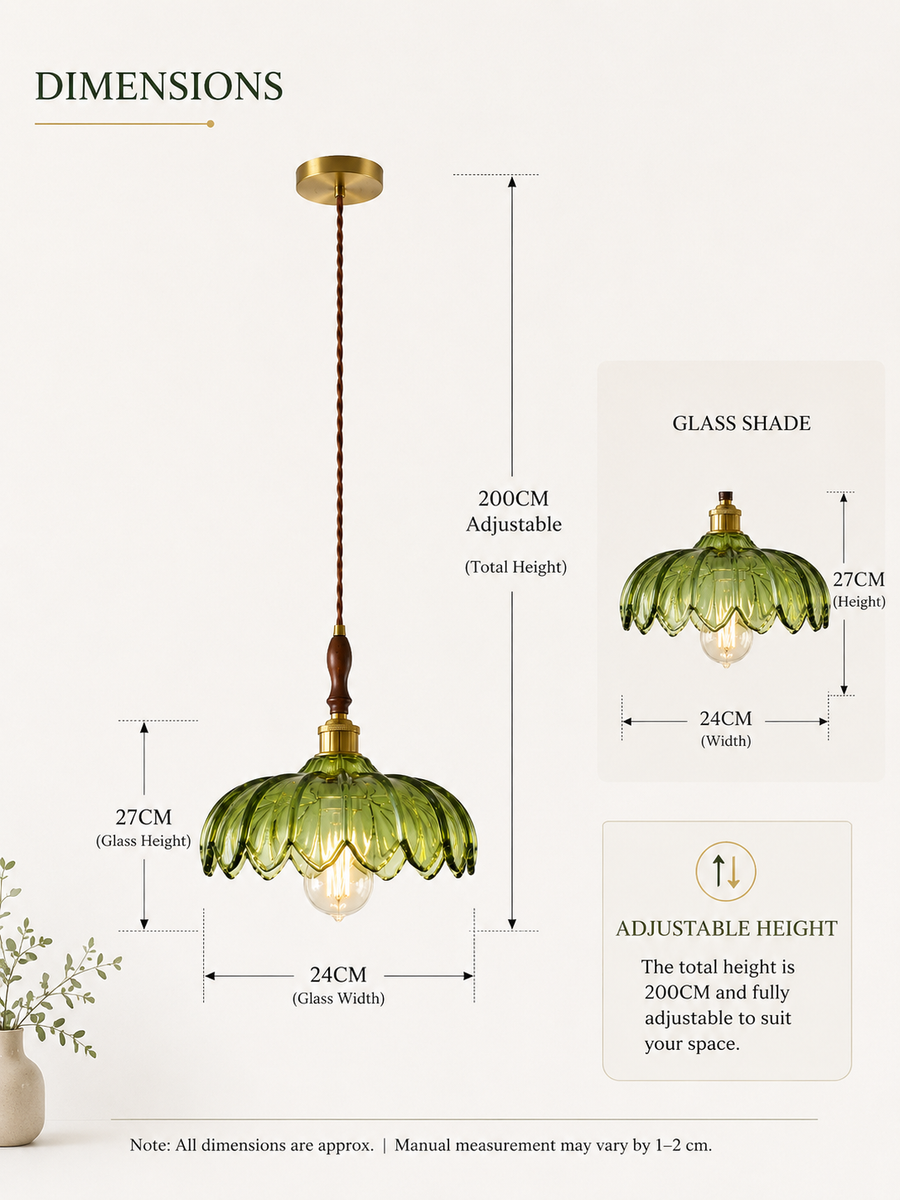 Vintage Green Glass Pendant Light with Wooden Holder & E-27 Bulb Socket | Adjustable Hanging Ceiling Light for Dining Room, Kitchen & Café