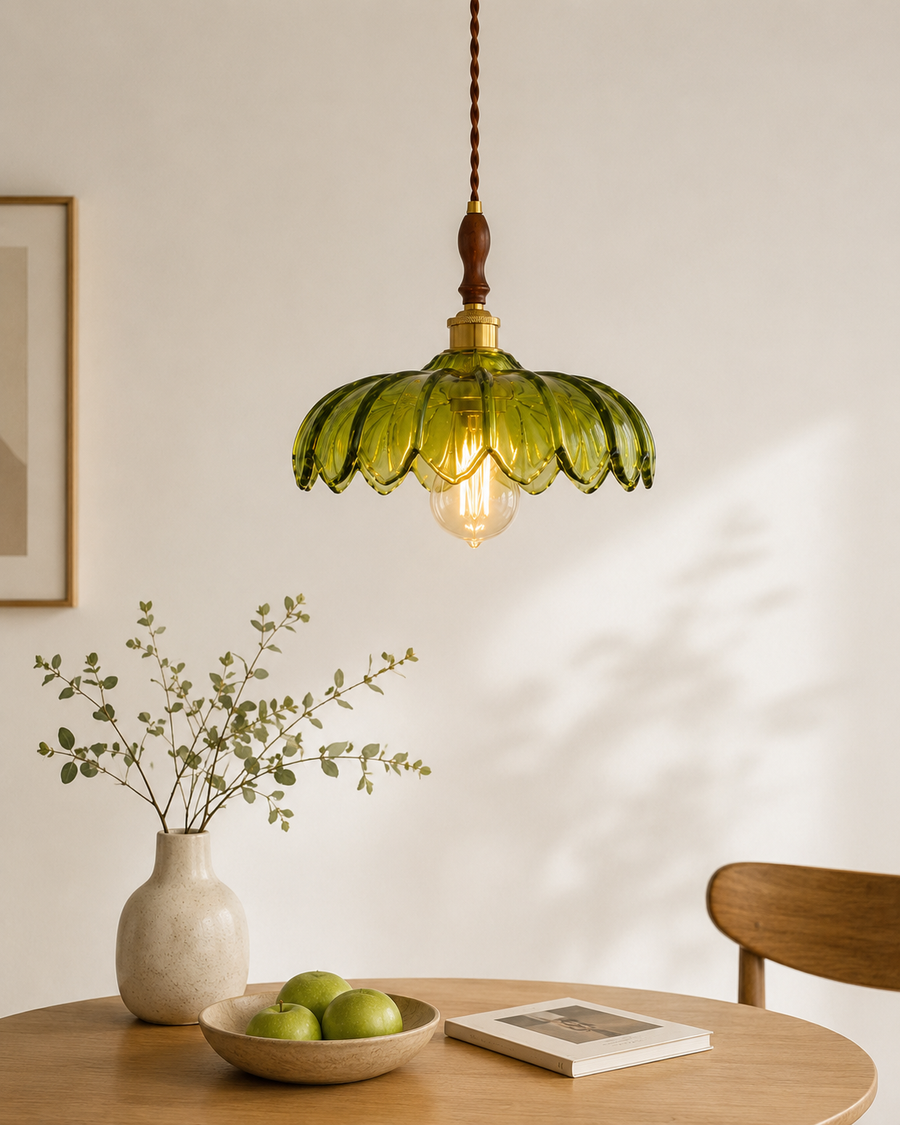 Vintage Green Glass Pendant Light with Wooden Holder & E-27 Bulb