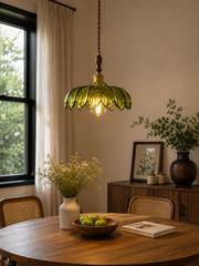 Vintage Green Glass Pendant Light with Wooden Holder & E-27 Bulb Socket | Adjustable Hanging Ceiling Light for Dining Room, Kitchen & Café