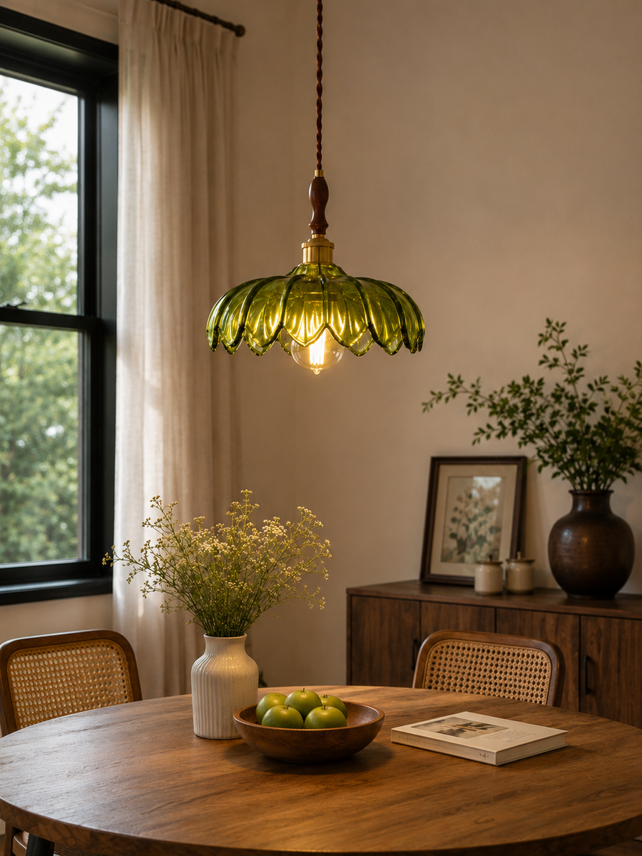 Vintage Green Glass Pendant Light with Wooden Holder & E-27 Bulb Socket | Adjustable Hanging Ceiling Light for Dining Room, Kitchen & Café