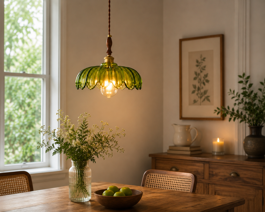 Vintage Green Glass Pendant Light with Wooden Holder & E-27 Bulb