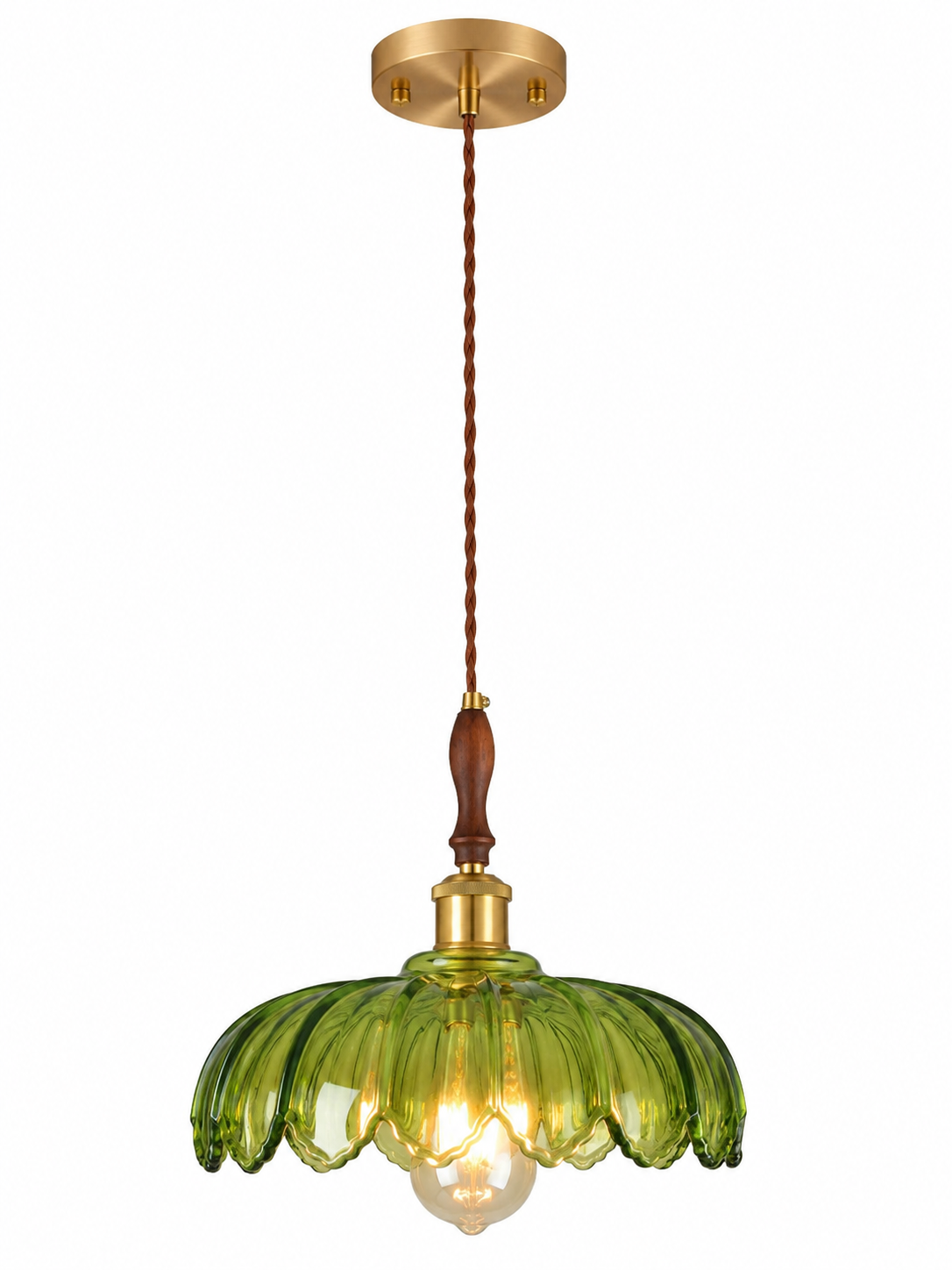 Vintage Green Glass Pendant Light with Wooden Holder & E-27 Bulb Socket | Adjustable Hanging Ceiling Light for Dining Room, Kitchen & Café