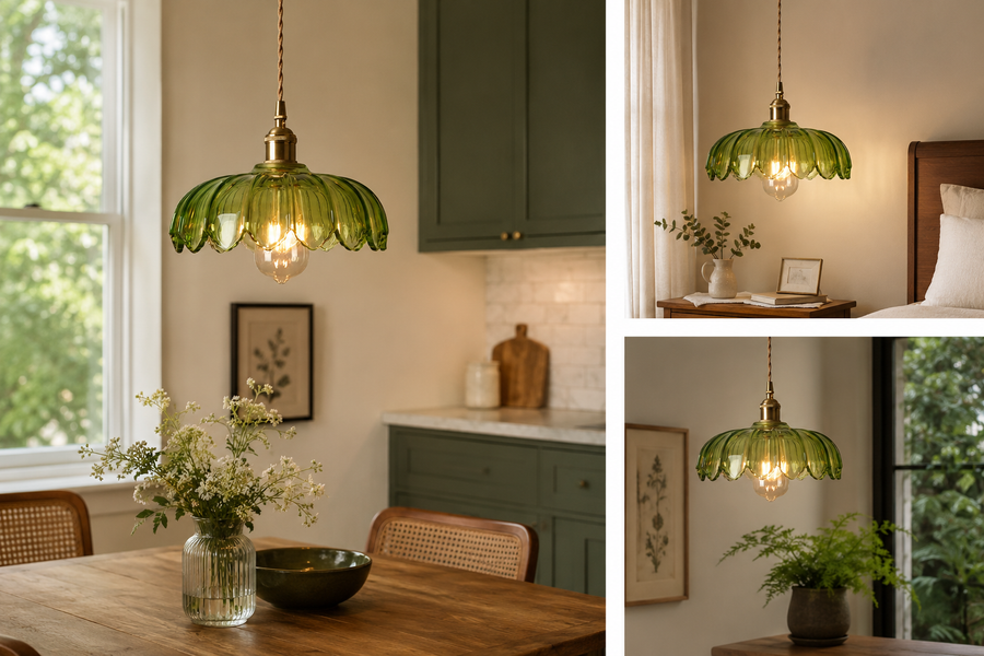 Vintage Green Glass Pendant Light with Wooden Holder & E-27 Bulb Socket | Adjustable Hanging Ceiling Light for Dining Room, Kitchen & Café