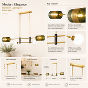 Modern Brass Linear Chandelier with Smoked Glass Shades & Globe Accent Lights | E-27 & G9 Holder Decorative Hanging Light for Dining Room, Kitchen Island & Living Space