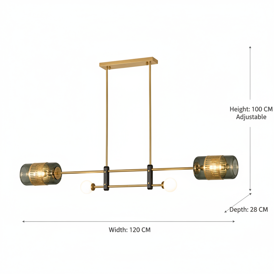 Modern Brass Linear Chandelier with Smoked Glass Shades & Globe Accent Lights | E-27 & G9 Holder Decorative Hanging Light for Dining Room, Kitchen Island & Living Space