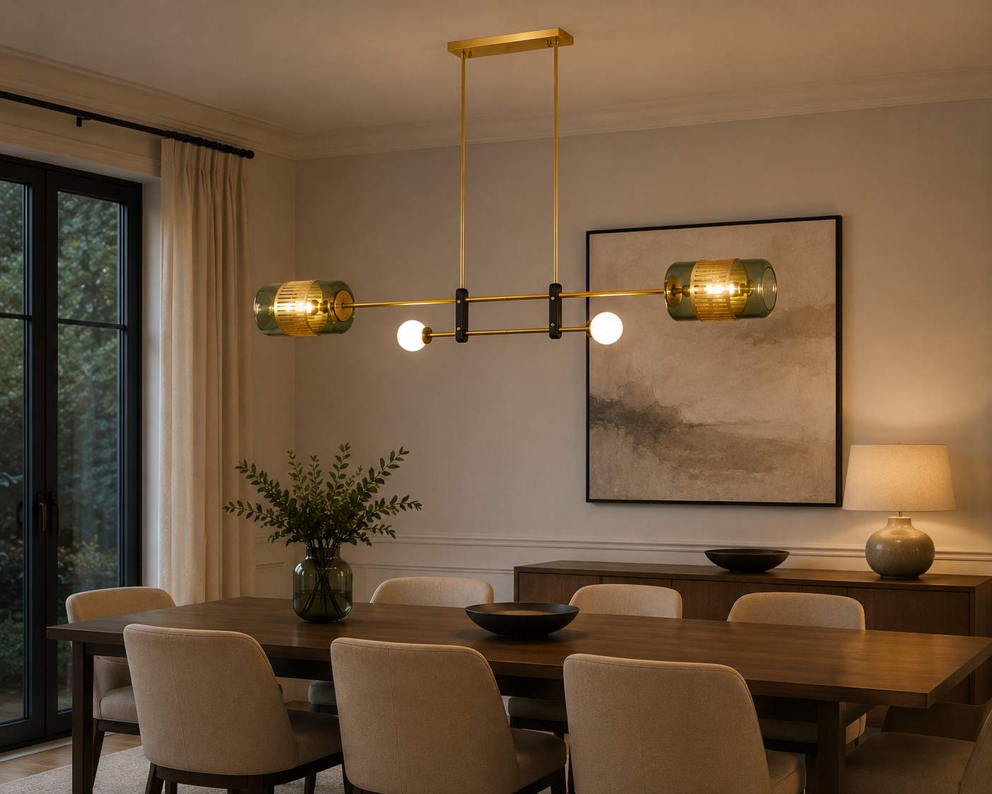 Modern Brass Linear Chandelier with Smoked Glass Shades & Globe Accent Lights | E-27 & G9 Holder Decorative Hanging Light for Dining Room, Kitchen Island & Living Space