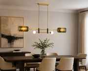 Modern Brass Linear Chandelier with Smoked Glass Shades & Globe Accent Lights | E-27 & G9 Holder Decorative Hanging Light for Dining Room, Kitchen Island & Living Space