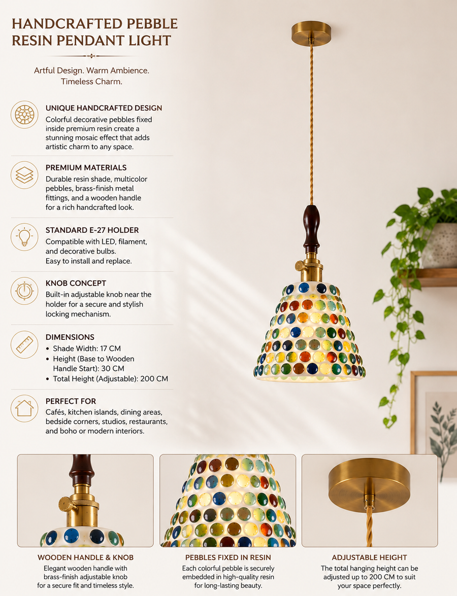 Handcrafted Pebble Resin Pendant Light for Living Room, Café & Kitchen | E27 Holder | Adjustable Hanging Light | Multicolor Mosaic Hanging Lamp