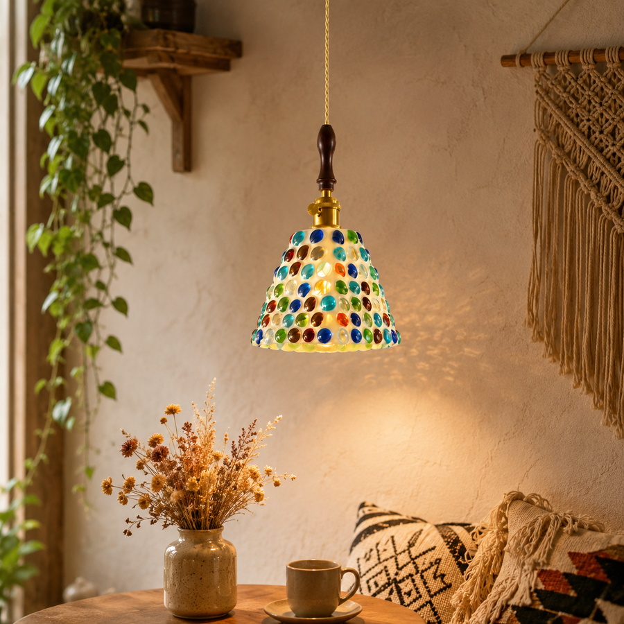 Handcrafted Pebble Resin Pendant Light for Living Room, Café & Kitchen | E27 Holder | Adjustable Hanging Light | Multicolor Mosaic Hanging Lamp