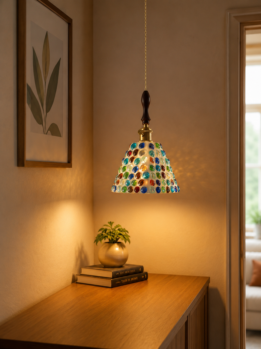 Handcrafted Pebble Resin Pendant Light for Living Room, Café & Kitchen | E27 Holder | Adjustable Hanging Light | Multicolor Mosaic Hanging Lamp
