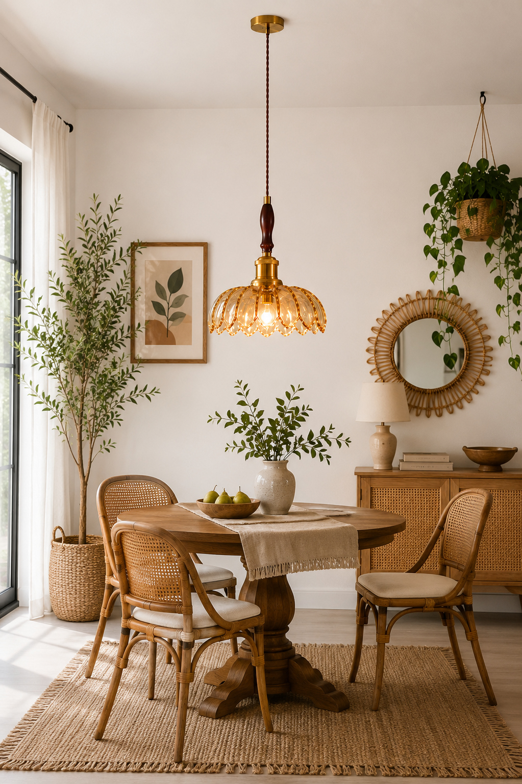 Vintage Amber Glass Pendant Light with Wooden Accent & E27 Holder | Decorative Hanging Ceiling Lamp for Dining, Kitchen & Café