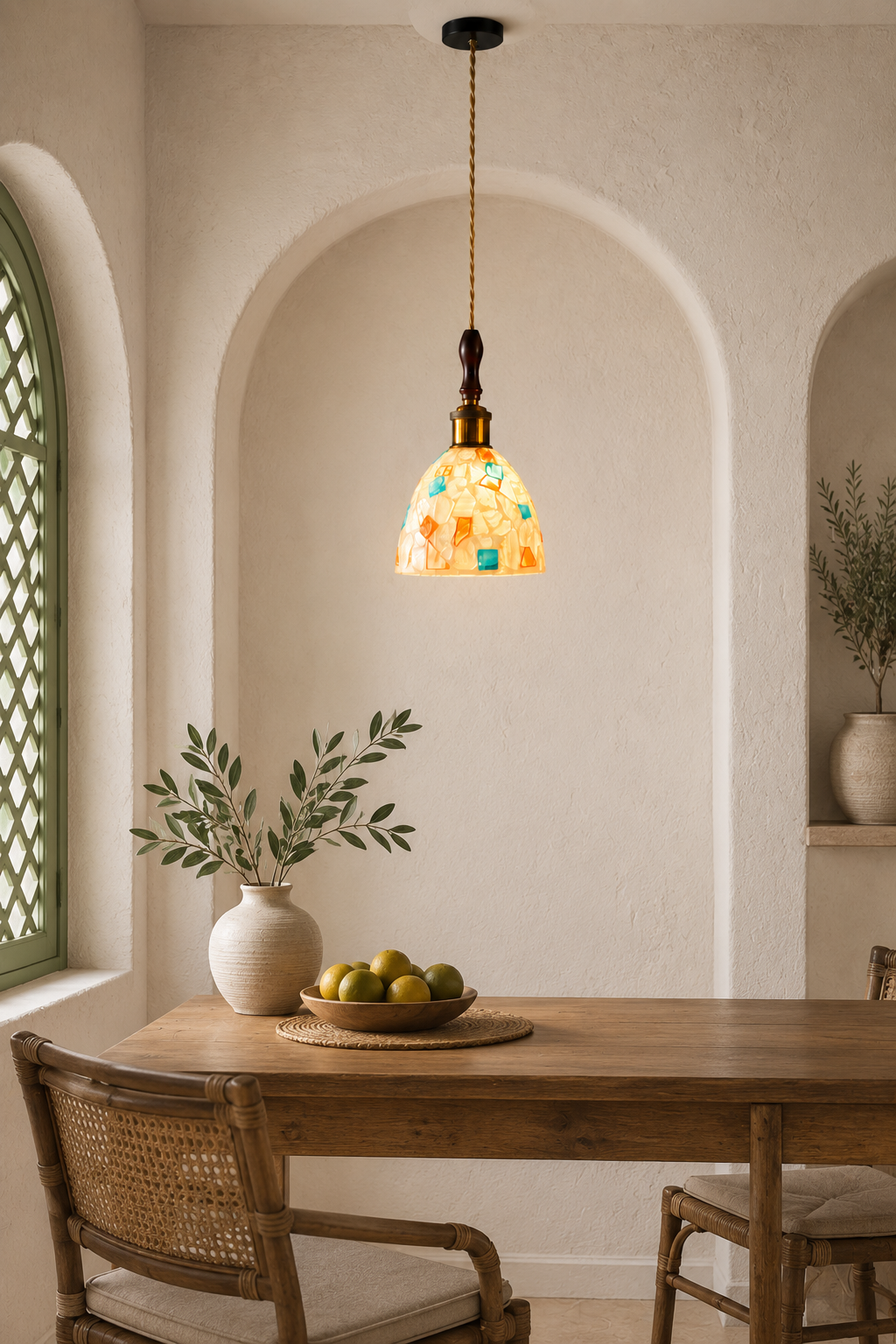 Coral Tree Handcrafted Mother of Pearl Pendant Light for Dining Room, Kitchen & Café | Premium Wooden Top with Antique Brass Finish | E-27 Holder | Adjustable Hanging Light | 16 CM
