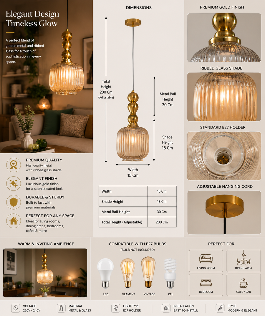 Modern Ribbed Glass Pendant Light with Gold Metal Finish, E27 Holder & Adjustable 200 CM Hanging Wire | Decorative Hanging Lamp for Living Room, Dining & Bedroom