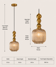 Modern Ribbed Glass Pendant Light with Gold Metal Finish, E27 Holder & Adjustable 200 CM Hanging Wire | Decorative Hanging Lamp for Living Room, Dining & Bedroom