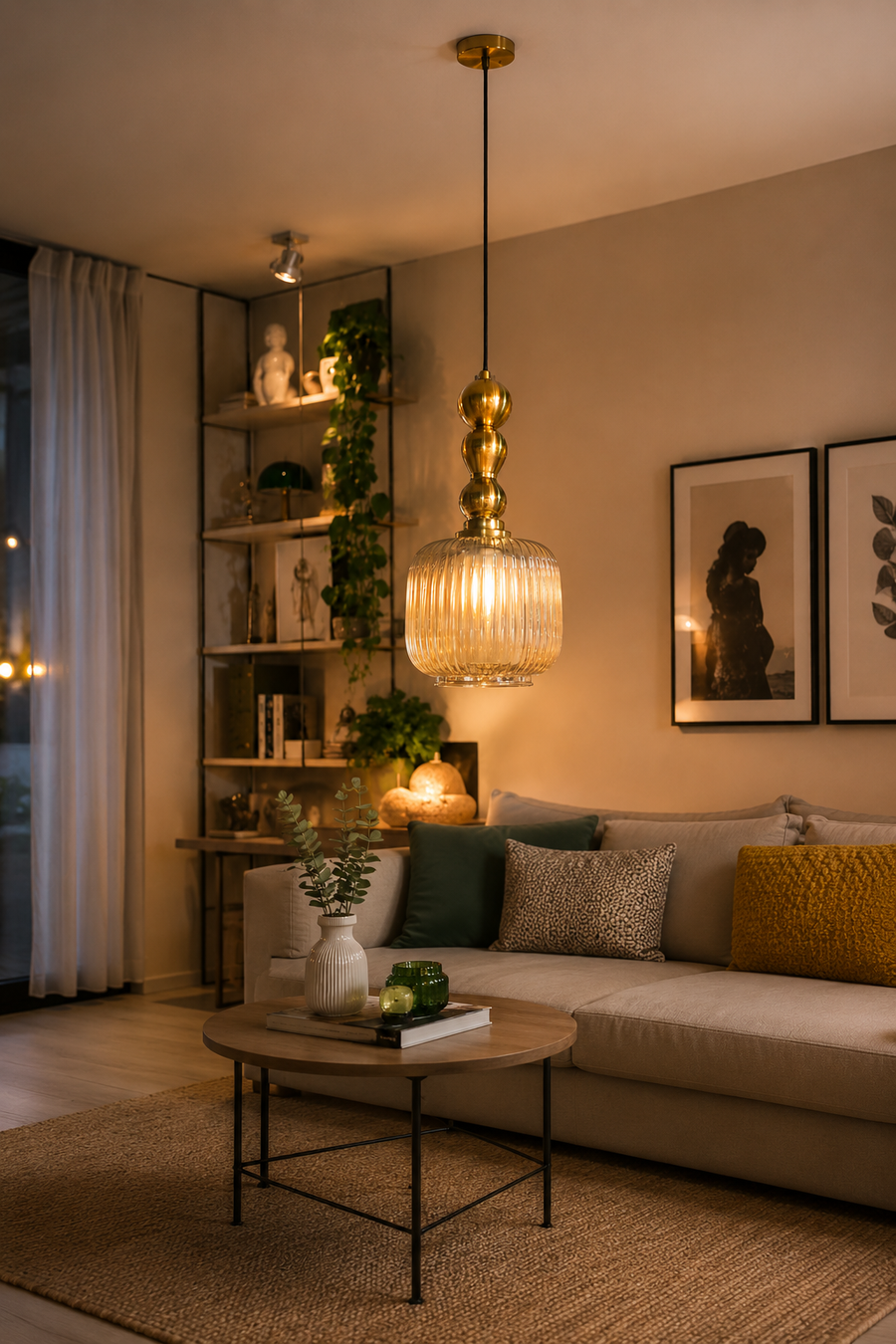 Modern Ribbed Glass Pendant Light with Gold Metal Finish, E27 Holder & Adjustable 200 CM Hanging Wire | Decorative Hanging Lamp for Living Room, Dining & Bedroom