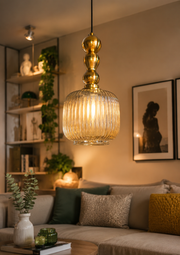 Modern Ribbed Glass Pendant Light with Gold Metal Finish, E27 Holder & Adjustable 200 CM Hanging Wire | Decorative Hanging Lamp for Living Room, Dining & Bedroom
