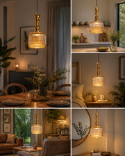 Modern Ribbed Glass Pendant Light with Gold Metal Finish, E27 Holder & Adjustable 200 CM Hanging Wire | Decorative Hanging Lamp for Living Room, Dining & Bedroom