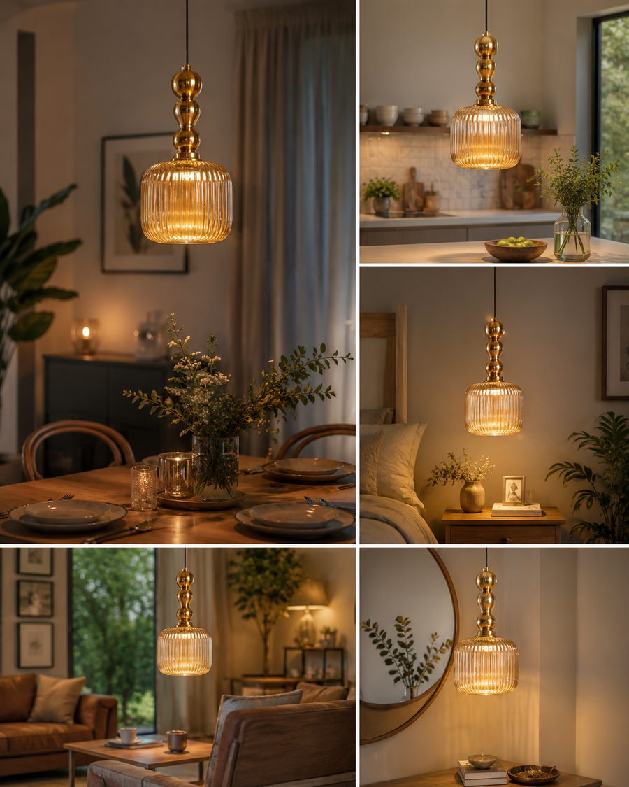 Modern Ribbed Glass Pendant Light with Gold Metal Finish, E27 Holder & Adjustable 200 CM Hanging Wire | Decorative Hanging Lamp for Living Room, Dining & Bedroom