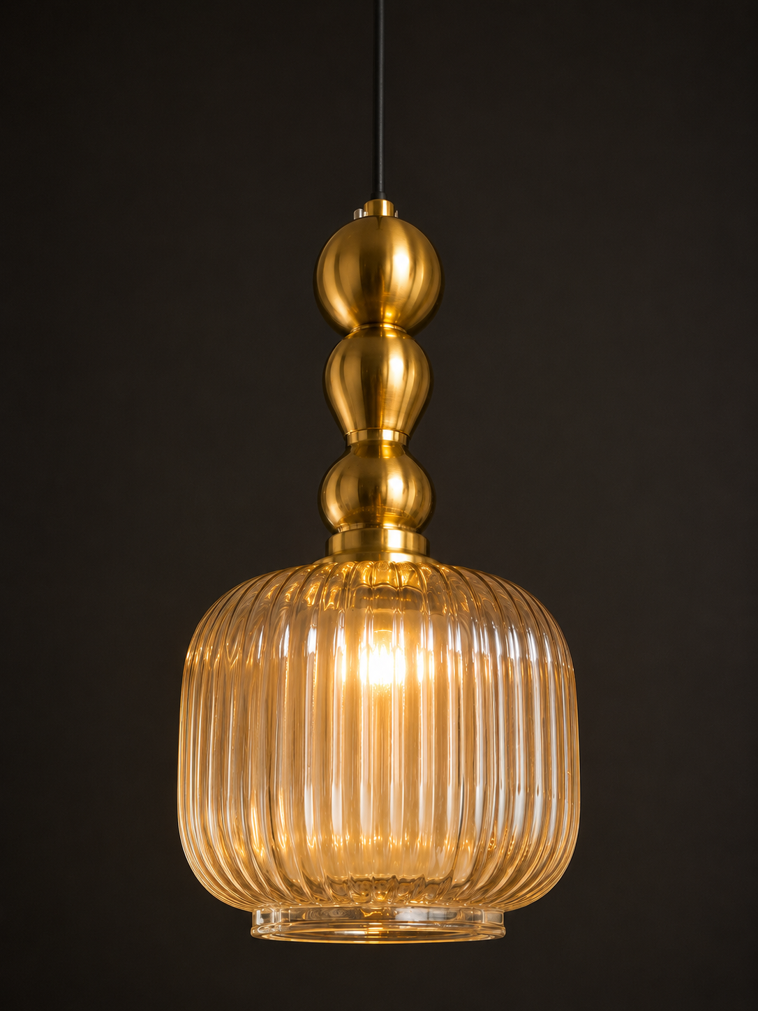 Modern Ribbed Glass Pendant Light with Gold Metal Finish, E27 Holder & Adjustable 200 CM Hanging Wire | Decorative Hanging Lamp for Living Room, Dining & Bedroom