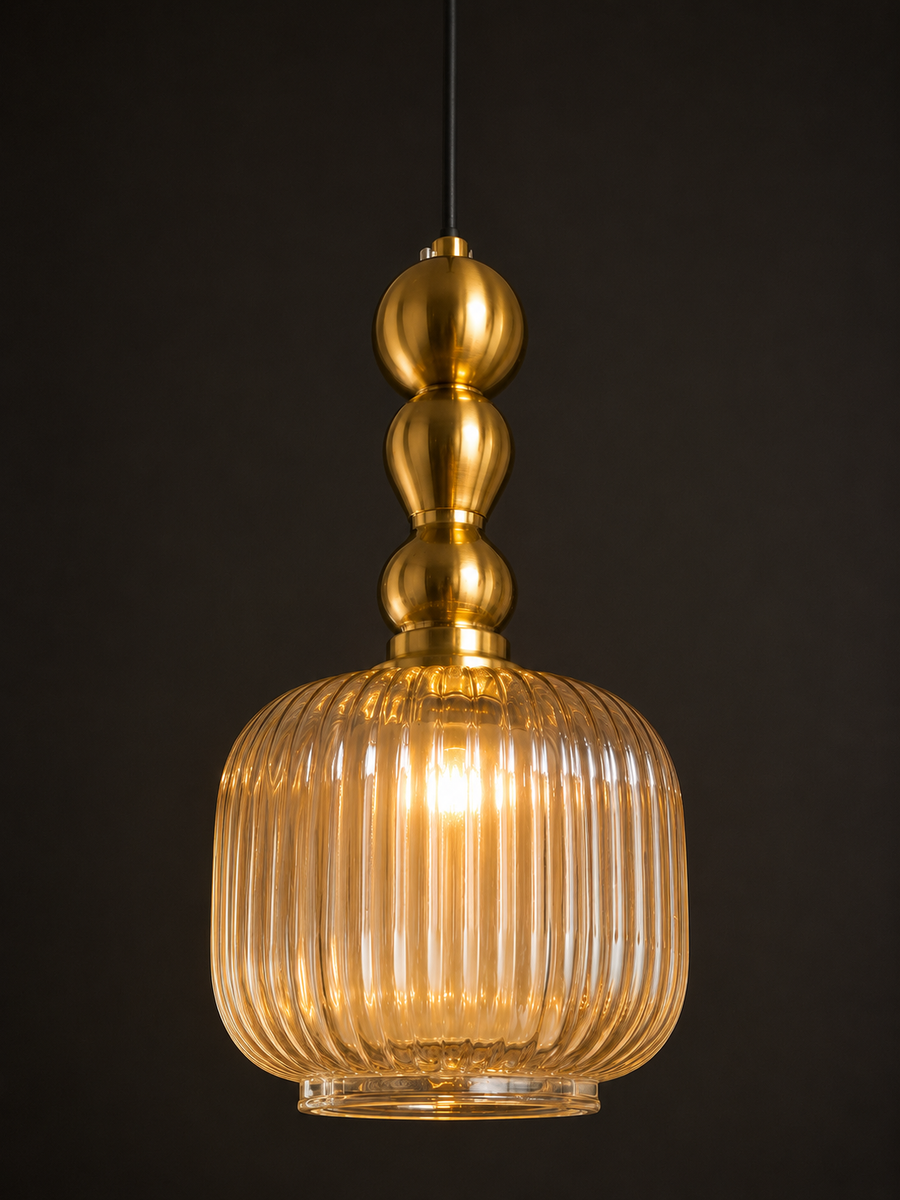 Modern Ribbed Glass Pendant Light with Gold Metal Finish, E27 Holder & Adjustable 200 CM Hanging Wire | Decorative Hanging Lamp for Living Room, Dining & Bedroom