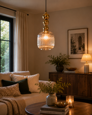 Modern Ribbed Glass Pendant Light with Gold Metal Finish, E27 Holder & Adjustable 200 CM Hanging Wire | Decorative Hanging Lamp for Living Room, Dining & Bedroom