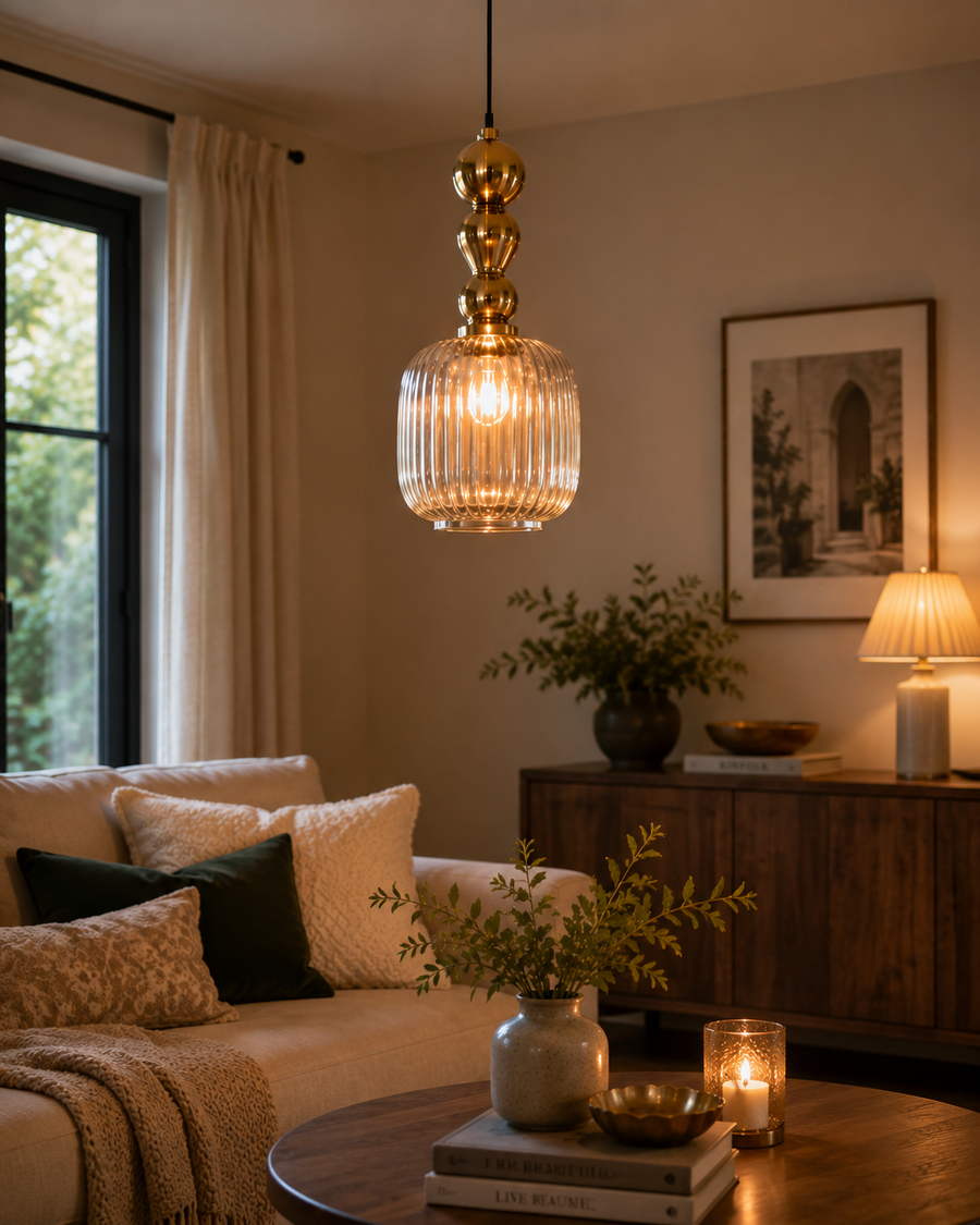 Modern Ribbed Glass Pendant Light with Gold Metal Finish, E27 Holder & Adjustable 200 CM Hanging Wire | Decorative Hanging Lamp for Living Room, Dining & Bedroom