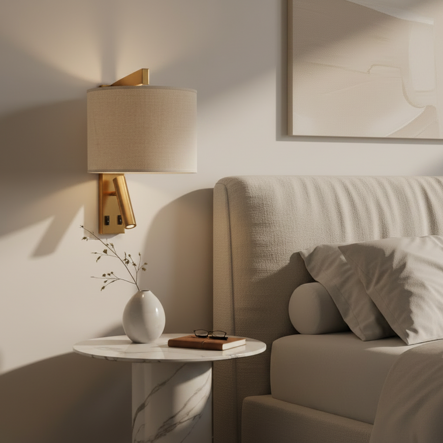 Modern Brass Wall Light with LED Reading Lamp & Linen Shade