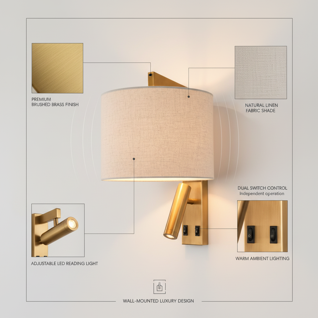 Modern Brass Wall Light with LED Reading Lamp & Linen Shade