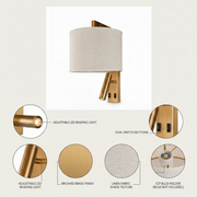 Modern Brass Wall Light with LED Reading Lamp & Linen Shade