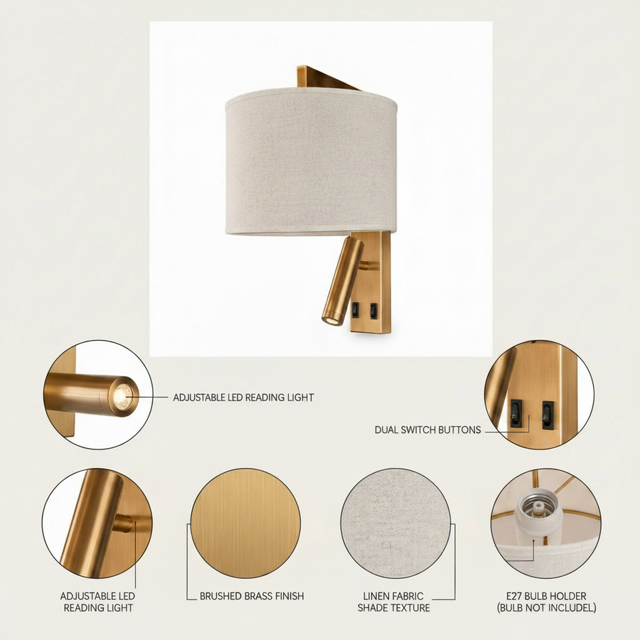 Modern Brass Wall Light with LED Reading Lamp & Linen Shade