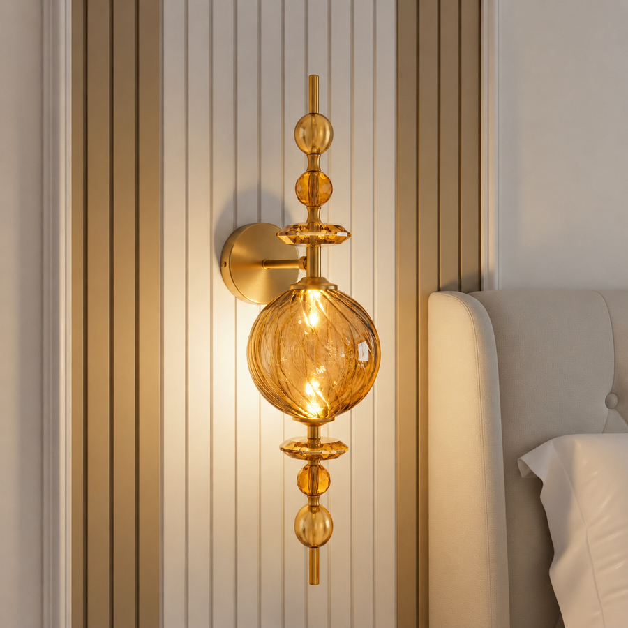 Luxury Amber Glass Wall Light with Crystal Accents | Modern Decorative Wall Lamp
