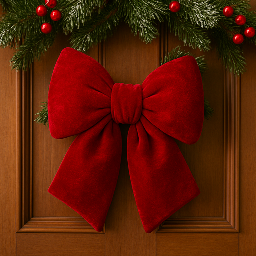 CORAL TREE Premium Red Velvet Hanging Christmas Bow for Door & Tree – 25×30 cm Large Decorative Ribbon with Silver Ring – Holiday Home Décor Ornament