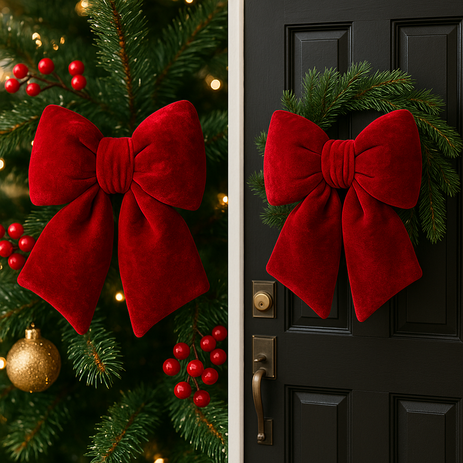 CORAL TREE Premium Red Velvet Hanging Christmas Bow for Door & Tree – 25×30 cm Large Decorative Ribbon with Silver Ring – Holiday Home Décor Ornament