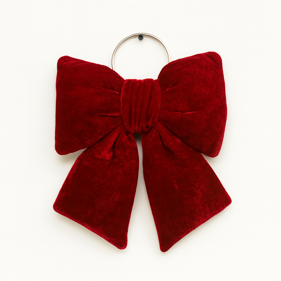 CORAL TREE Premium Red Velvet Hanging Christmas Bow for Door & Tree – 25×30 cm Large Decorative Ribbon with Silver Ring – Holiday Home Décor Ornament
