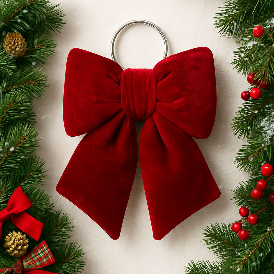 CORAL TREE Premium Red Velvet Hanging Christmas Bow for Door & Tree – 25×30 cm Large Decorative Ribbon with Silver Ring – Holiday Home Décor Ornament