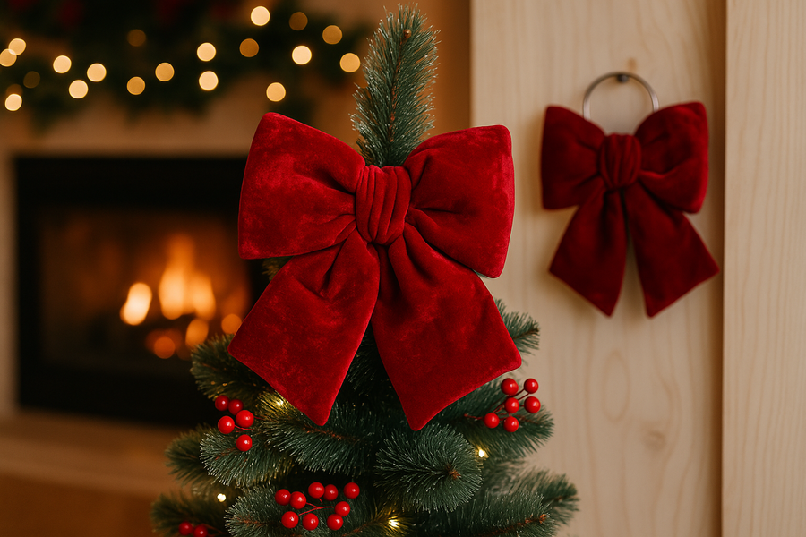 CORAL TREE Premium Red Velvet Hanging Christmas Bow for Door & Tree – 25×30 cm Large Decorative Ribbon with Silver Ring – Holiday Home Décor Ornament