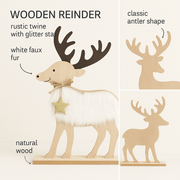 CORAL TREE Wooden Christmas Reindeer Table Decor with White Faux Fur | 30 cm Height | Natural Wood Finish | Festive Home & Office Decoration