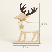 CORAL TREE Wooden Christmas Reindeer Table Decor with White Faux Fur | 30 cm Height | Natural Wood Finish | Festive Home & Office Decoration