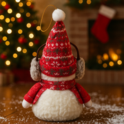 Plush Christmas Snowman Teddy – 30 cm Soft Winter Decoration with Knitted Hat, Scarf & Earmuffs | Hanging Xmas Décor for Home, Table & Gifting
